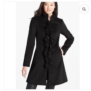 Tahari Black Trench Coat with Ruffle and Gold Accents NWT size 6